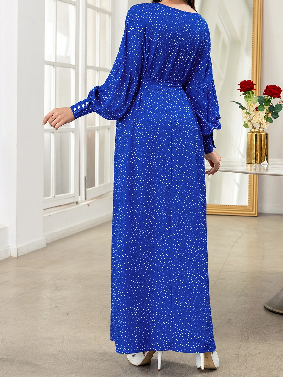 Elegant Moroccan Style Maxi Dress with Geometric Pattern Flowy Bell Sleeves and Flattering V-Neckline for Women