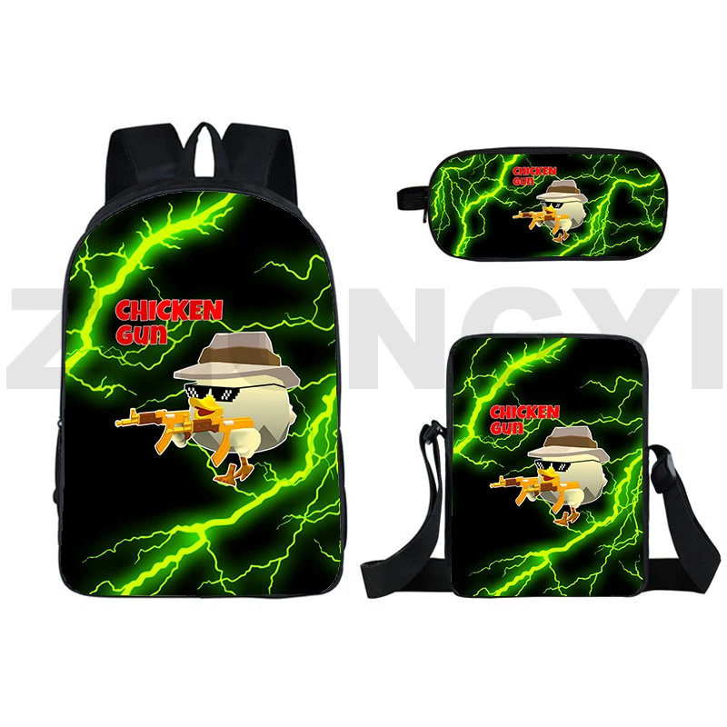 3D Printed Anime Chicken Gun Game Backpacks Large Notebook Urban Bags for Women 3 in 1 Set Cartoon Teens Boys Canvas Schoolbags