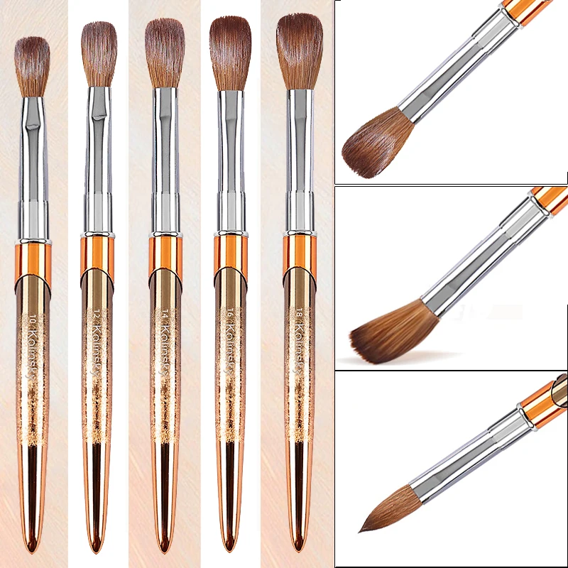 Pennello per unghie acrilico Kolinsky al 100% Manico in rilievo dorato ondulato ovale Qualità professionale del salone per polvere acrilica Dimensioni 2-18 #