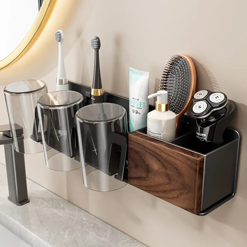 Luxury Walnut Bathroom Electric Toothbrush Holder Wall-Mounted Toothpaste Holder with Toothbrush Cup and Mouthwash Cup Rack
