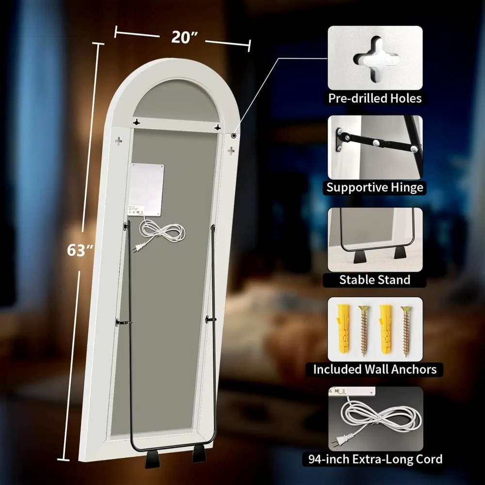 กระจกเต็มตัวทรงโค้งพร้อมไฟส่องสว่างปรับความสว่างได้และไฟหลายสี ทนทานต่อการแตกหัก ใช้ได้หลากหลายรูปแบบสำหรับตั้งพื้น