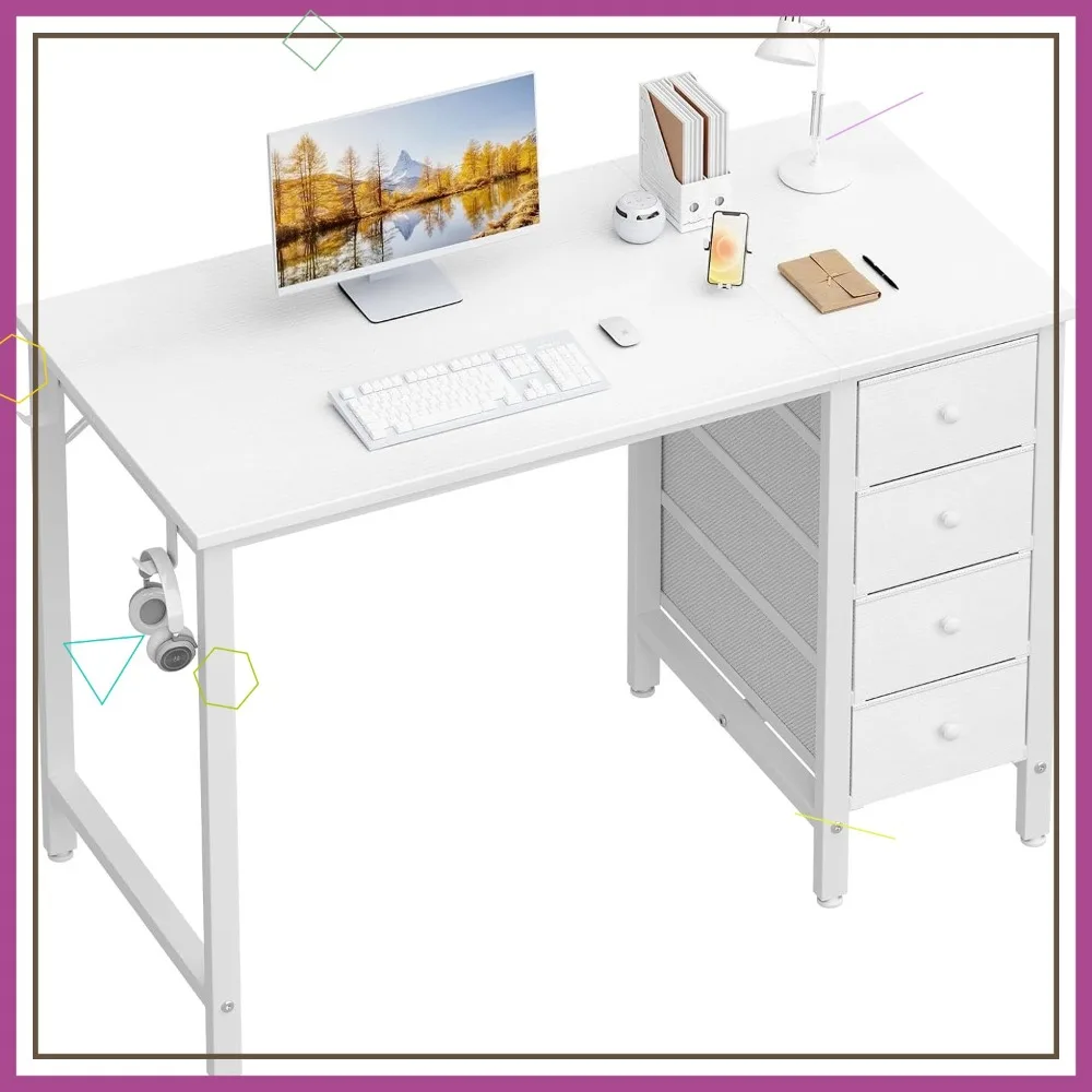 

40 Inch Small White Desk with Drawers, Reversible Study Computer Table for Kids Girls Bedroom Home Office