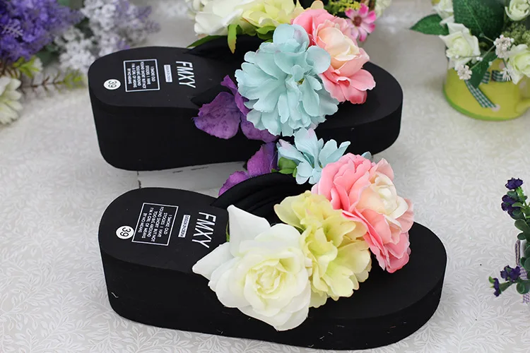 Handmade Slippers For Women Summer Flip Flop Flowers Decoration Female Indoor 6cm High Heel Bohemia Beach Sandal Slippers