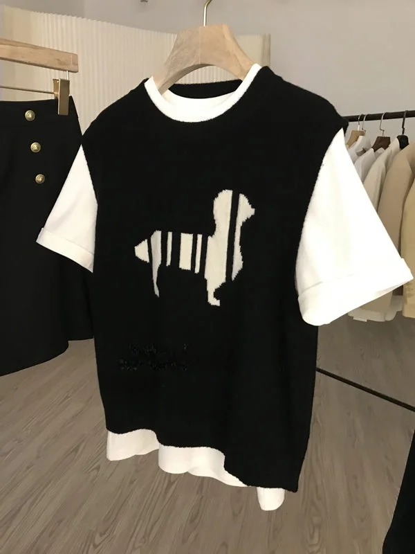 

Женский вязаный жилет с вышивкой собаки и бахромой, осенний, модный, с круглым вырезом, без рукавов, с цветочным узором, для повседневной носки