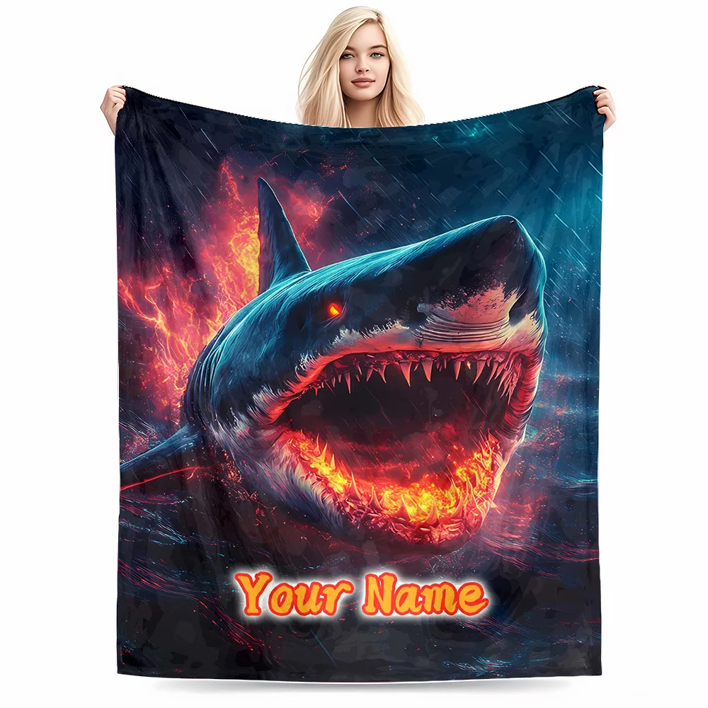 Custom Name Fire Shark Print Flannel Blanket Soft Lightweight Throw Blanket Sofa Bed Couch All Season Home Decor Birthday Gift