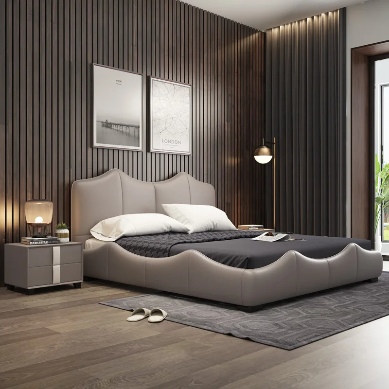 Modern Upholstered Platform Bed Frame, King Size Genuine Leather Bed with Curved Wingback Headboard and Wave-Shaped Footboard