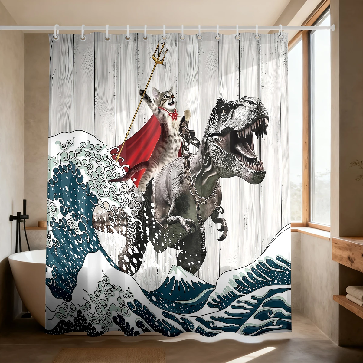Waterproof Shower Curtain Funny Cowboy Dinosaur Riding Horse Ocean Wave Surreal Humor Bathroom Decor Bath Curtain