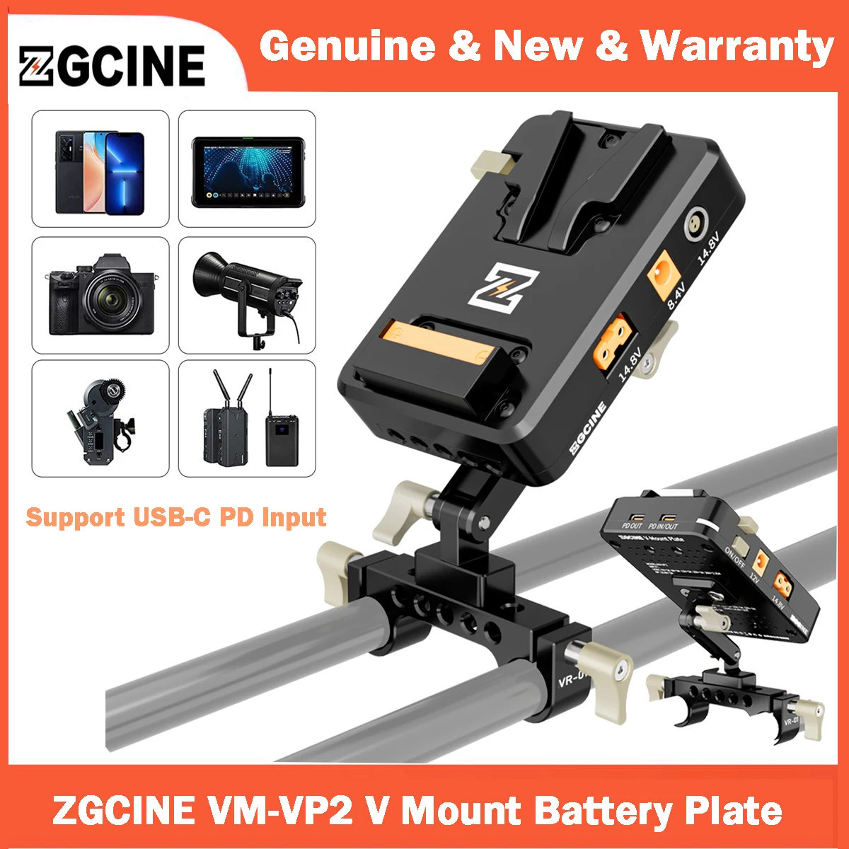 ZGCINE VM-VP2 V-Mount Battery Plate with Clamp Support USB-C PD Input Output/DC/D-TAP/LEMO Output for DSLR Camera Camcorder