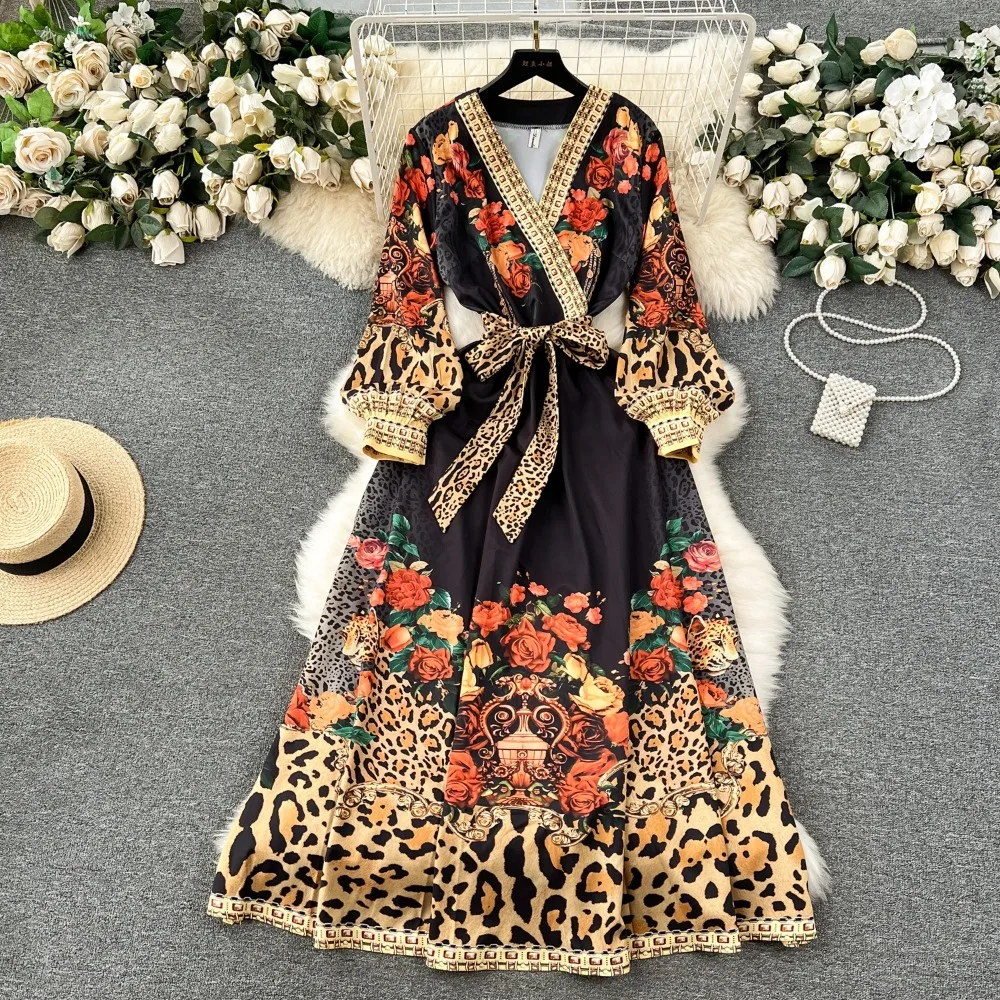 Retro Print Elegant Lace Up Dress A-line Long  Sleeve V Neck Vacation Party Dress Women Autumn Spring Vestidos