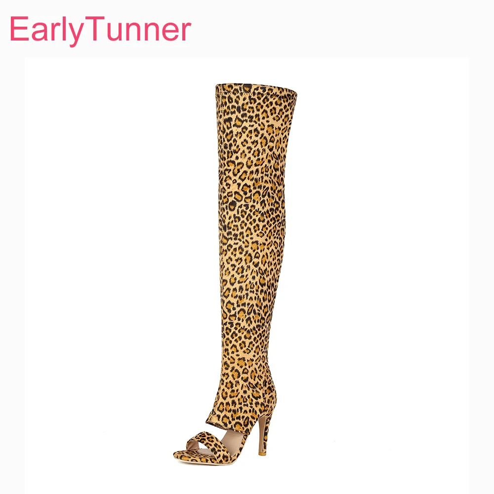 

Элегантные женские летние сапоги-ботфорты с леопардовым принтом, с открытым носком, на высоком тонком каблуке, босоножки больших размеров 10, 45, 48