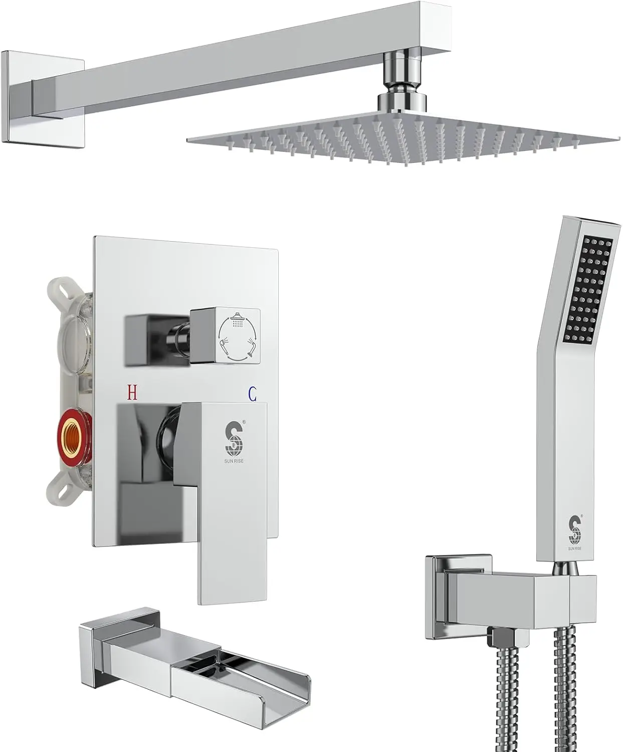 

8" Wall Mounted Bathtub Shower Faucet Set All Metal with Rain Head and Handheld Sprayer, Polished Chrome