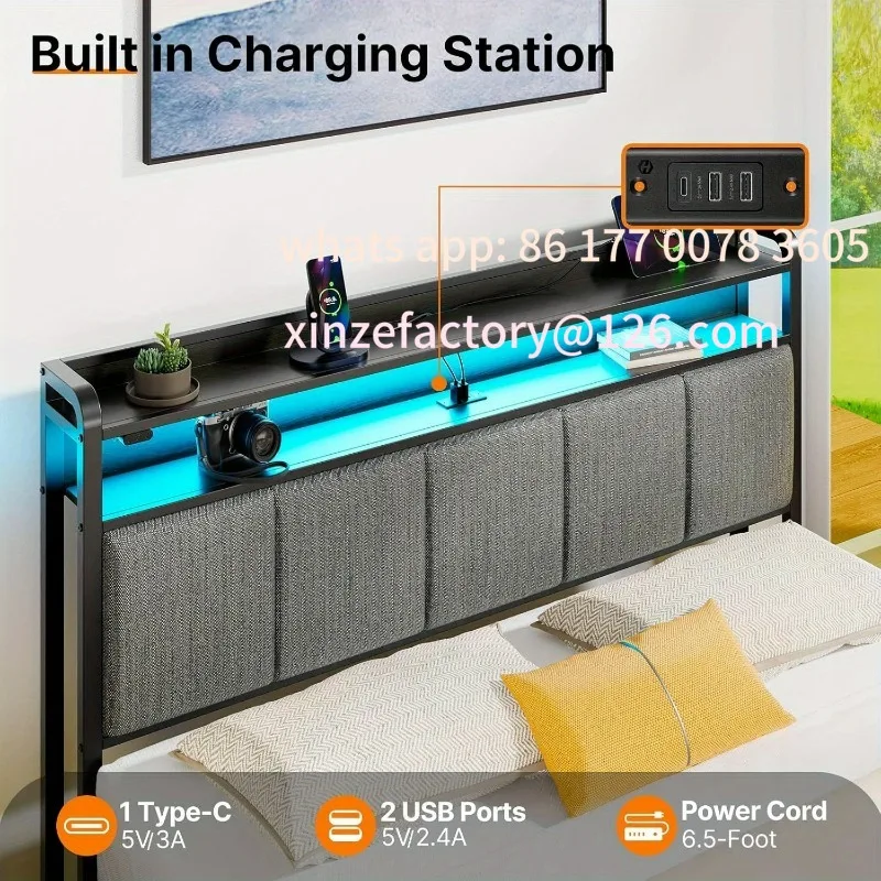 

Customizable modern soft bag bed frame with 2 layers of storage headboard, metal platform bed frame with 4 drawers, built-in cha