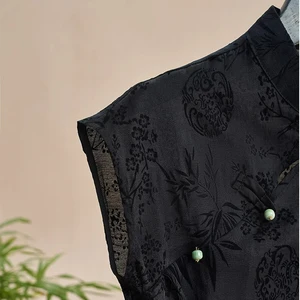 Retro Thin Shirt New Chinese Style Cheongsam Top Black Jacquard Short Sleeve T-shirt Summer Mature Fashion Women's Clothing 10 best sales tianhou silk quilt - №2