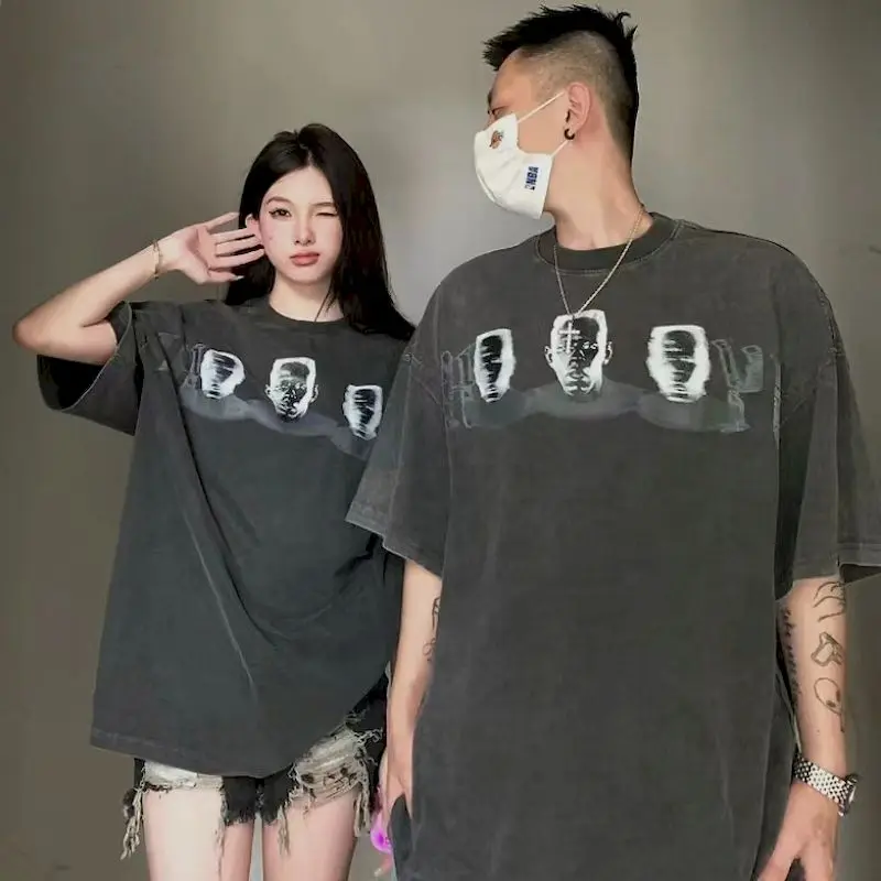 Oversized T-shirts for Women and Men Washed Vintage T Shirt Couples Trendy High Street Cotton Tee Portrait Pattern Hip-hop Tops