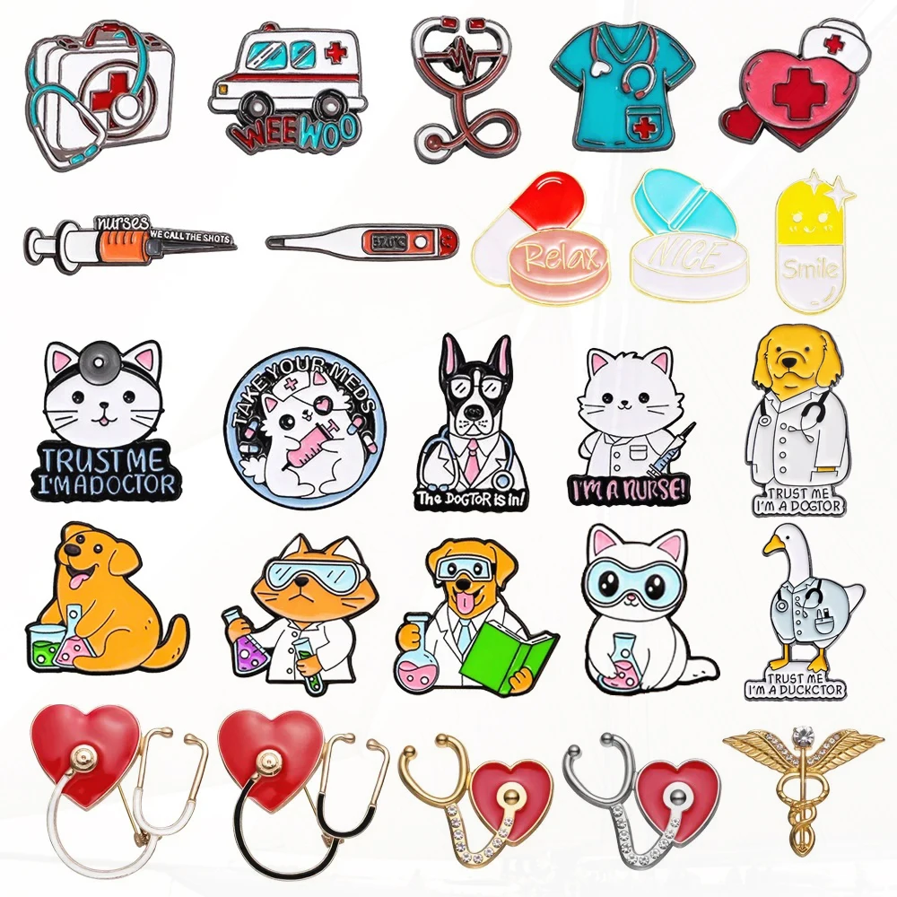 Stethoscoop EHBO-Kit Kat Verpleegster Hond Arts Dierpatiënt Medische Badge Punk Broche Sieraden Medische Metalen Pin Naaldbuis