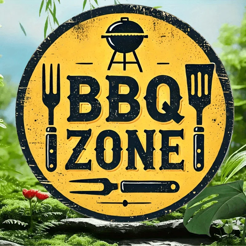 Letrero artístico de pared de metal de aluminio con zona de barbacoa vintage, decoración rústica temática de barbacoa de 7,87 pulgadas con diseño de parrilla y utensilios