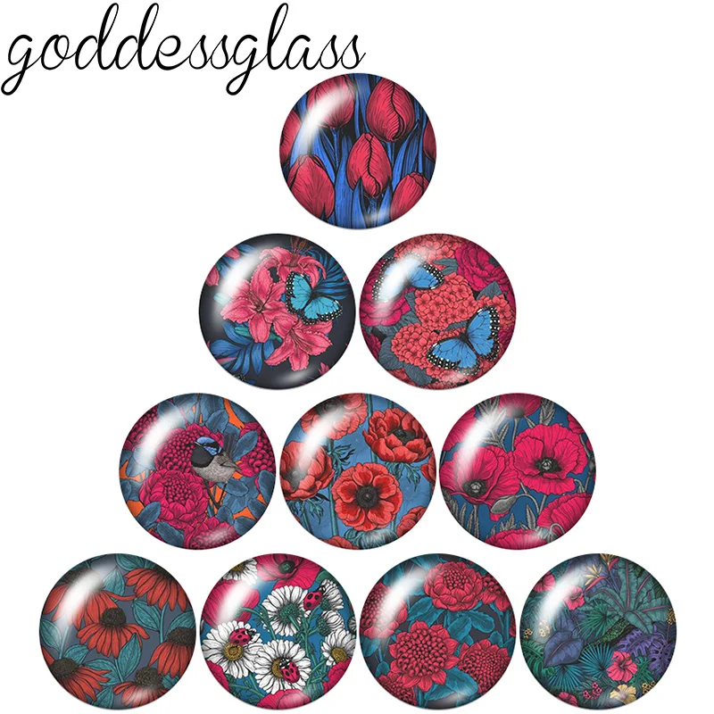 New Pink Purple flowers Butterfly Birds 10pcs 12mm/18mm/20mm/25mm Round photo glass cabochon demo flat back Making findings