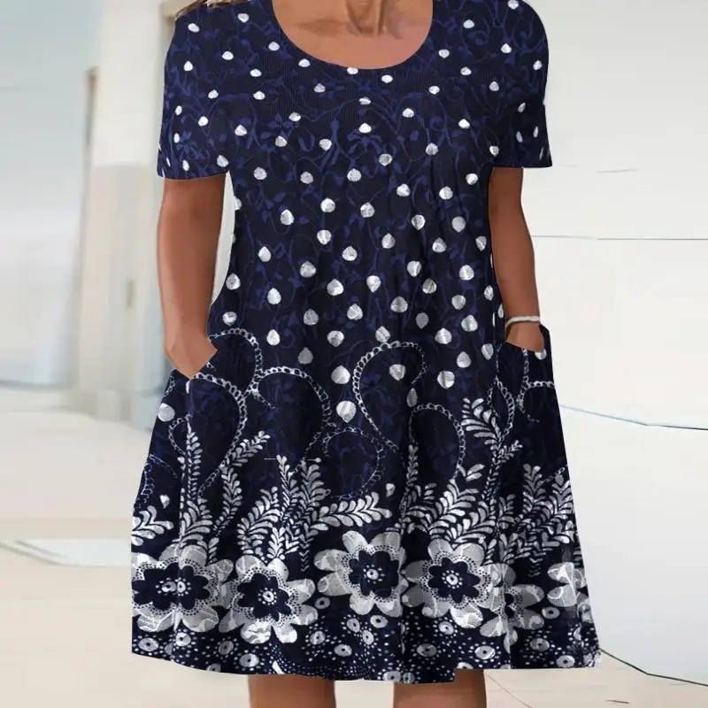 

Plus Size Women's Short Sleeve Scoop Neck Floral Printed Polka Dot Midi Dress