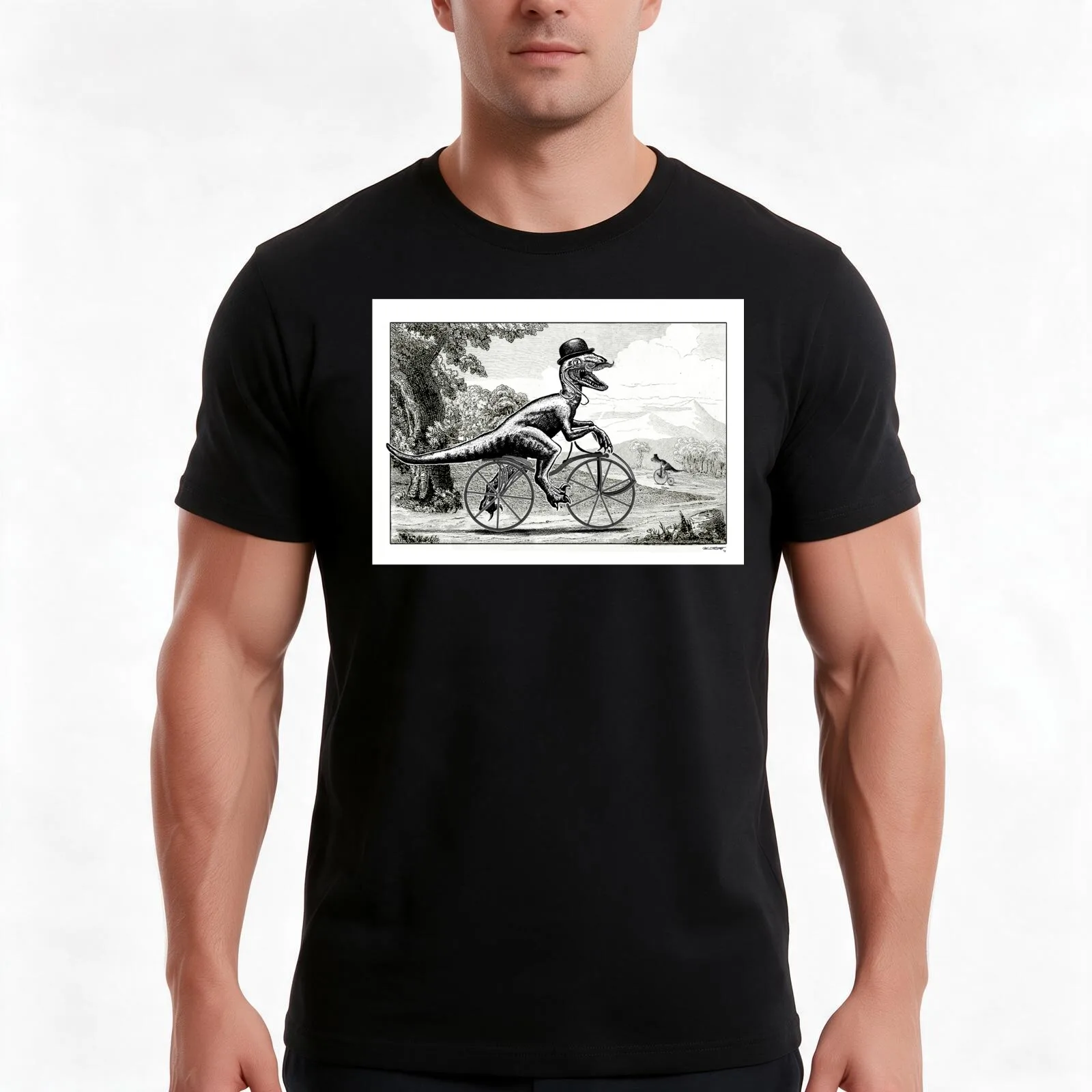 Velociraptor on a Velocipede T-Shirt, Summer Casual Cotton Tee, Oversized Streetwear Tops, Vintage Graphic Print, 100% Cotton