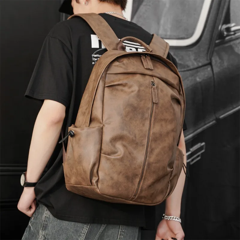 

Leather 16" Laptop Backpack for Men Vintage Mens Pu Leather Backpack Business Large Travel Rucksack Camping Overnight Daypack