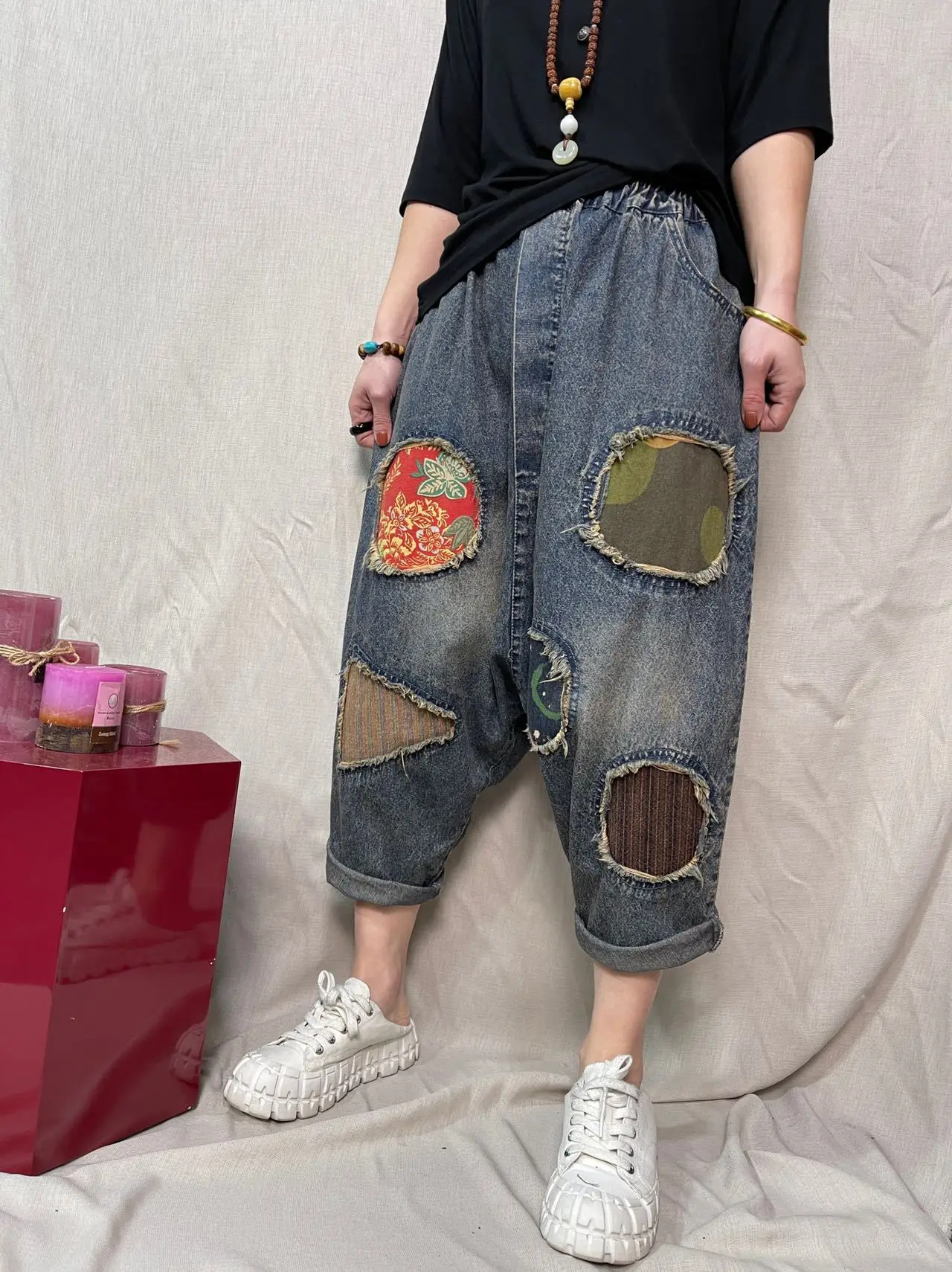 Denim Cross-pants Women High Waist Nine Points Harem Blue Jeans Boyfriend Hip Hop Street Drop Crotch Baggy Loose Trousers