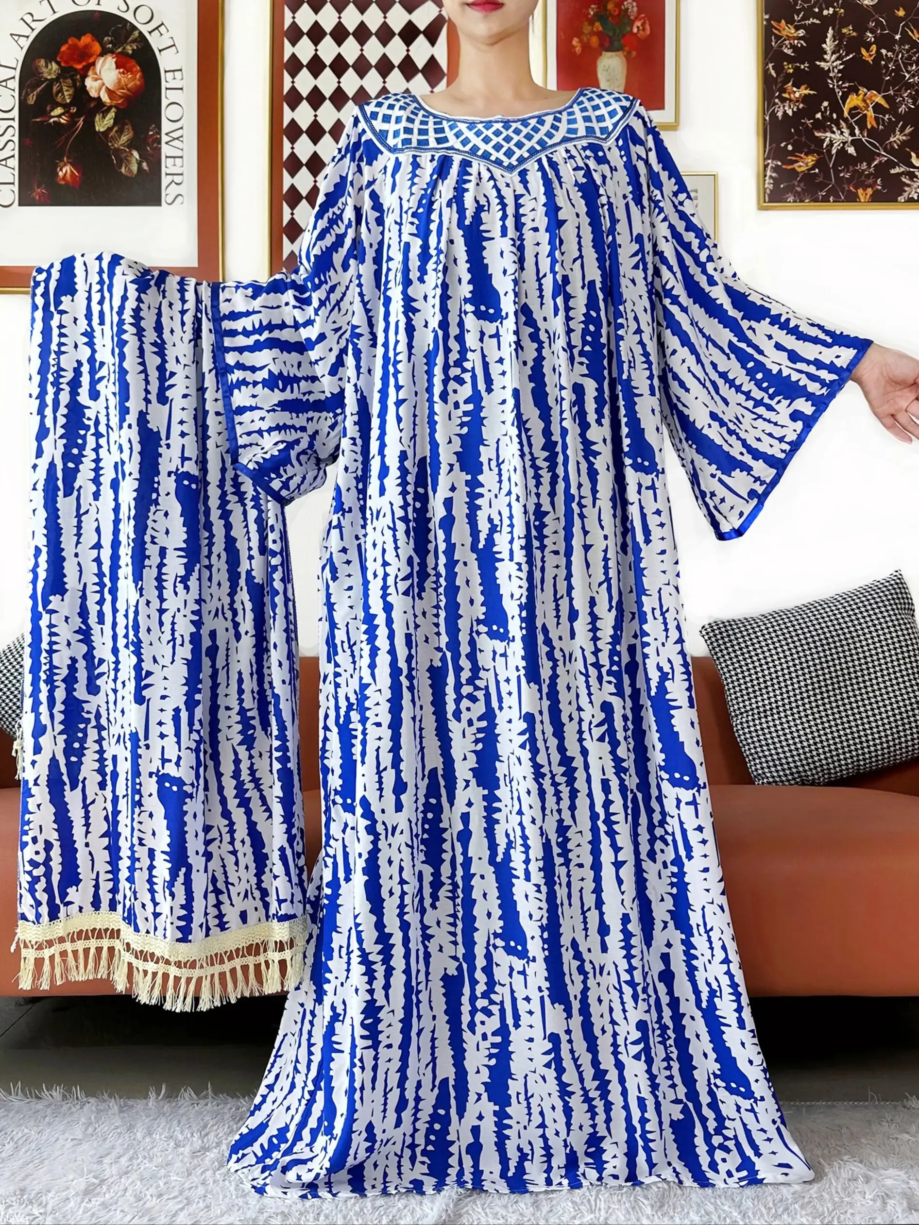 Vente chaude Design brodé col rond coton femmes longue ample Abaya Boho Maxi robe décontracté robe de mode robes africaines