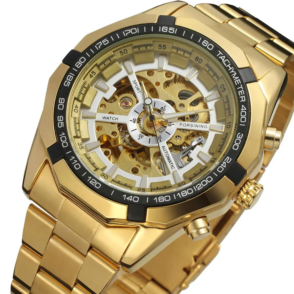 Fashion Forsining Brand Silver Stainless Steel Waterproof Men Skeleton Watchesluxury Gold Transparent Mechanical Man Wrist Watch