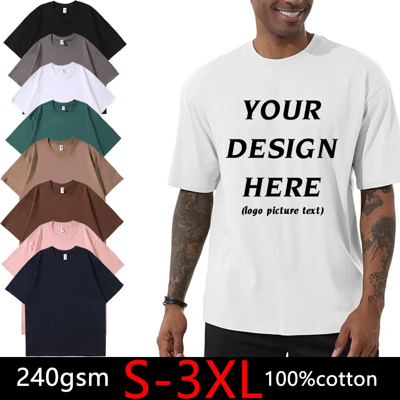 240g Gsm 100% Cotton Dropped Shoulder Loose Short Sleeve Tops Tee  Custom  picture text logo O-Neck Heavyweight  Men T-Shirt