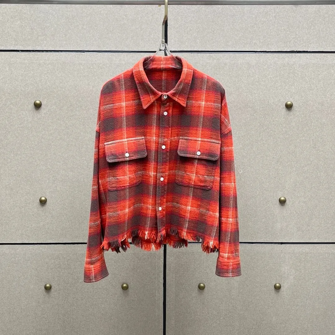 Vintage-Inspired Red & Black Plaid Shirt: Frayed Hem, Chest Pockets, & Classic Fit