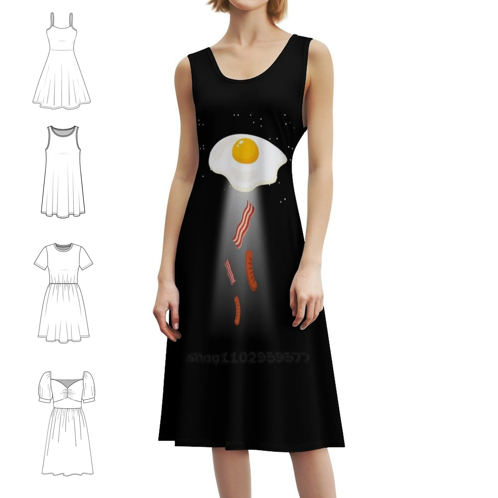 فستان حفلات أنيق للنساء من لحم الخنزير المقدد والبيض على شكل حرف A مع خيارات قصيرة/طويلة/بدون أكمام Space Spacex Outer Space Bacon #1