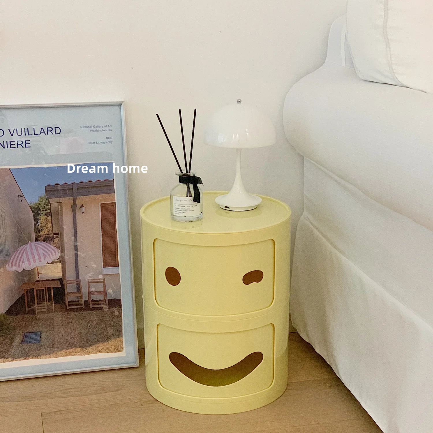 Double Tier Storage Cabinet ,Smiling Face Bedside Table ,Living Room Small Round Cabinet with Sliding Door ,Plastics Bed Cabinet