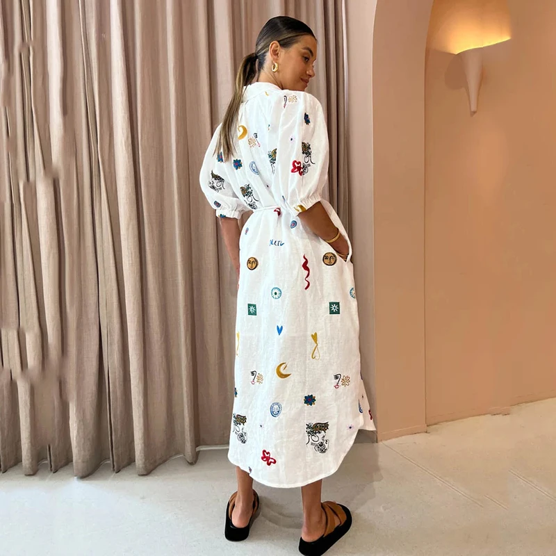 2024 New Female Casual Vacation Dress Women Chic Graffiti Print Lace Up Midi Dress Elegant Lapel Lantern Short Sleeve Dresses