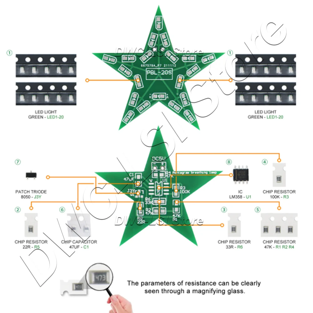 Набор для обучения студентам «сделай сам», пятиконечная звезда, дышащий свет, градиент, светодиодный светильник для рождественского обучения пайке, красный, зеленый, синий