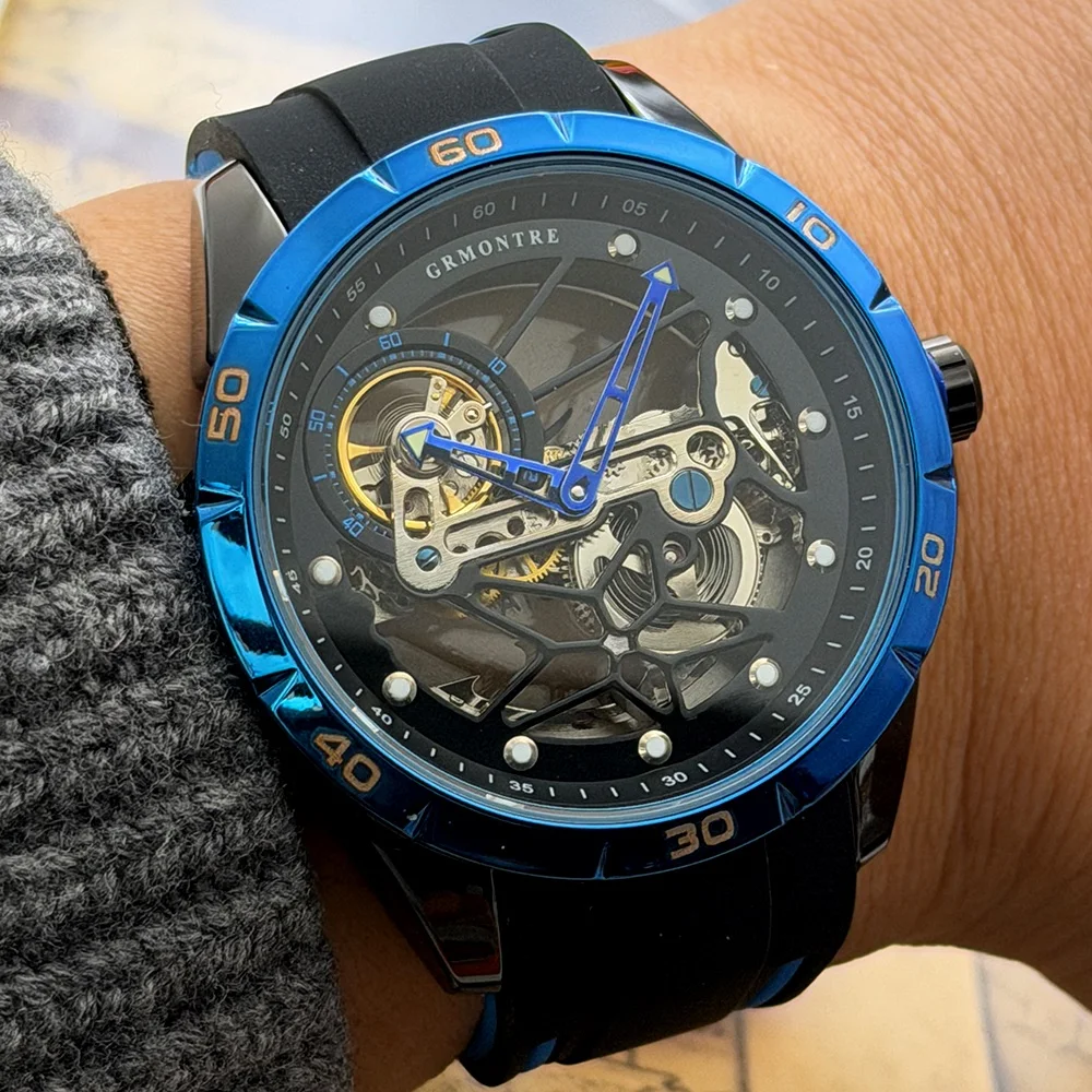 44mm Skelett-Herrenuhren Blaue Automatik-Mechanik-Uhr mit Schwungrad Wasserdichte Leuchtende Armbanduhr für Männer Reloj Hombre