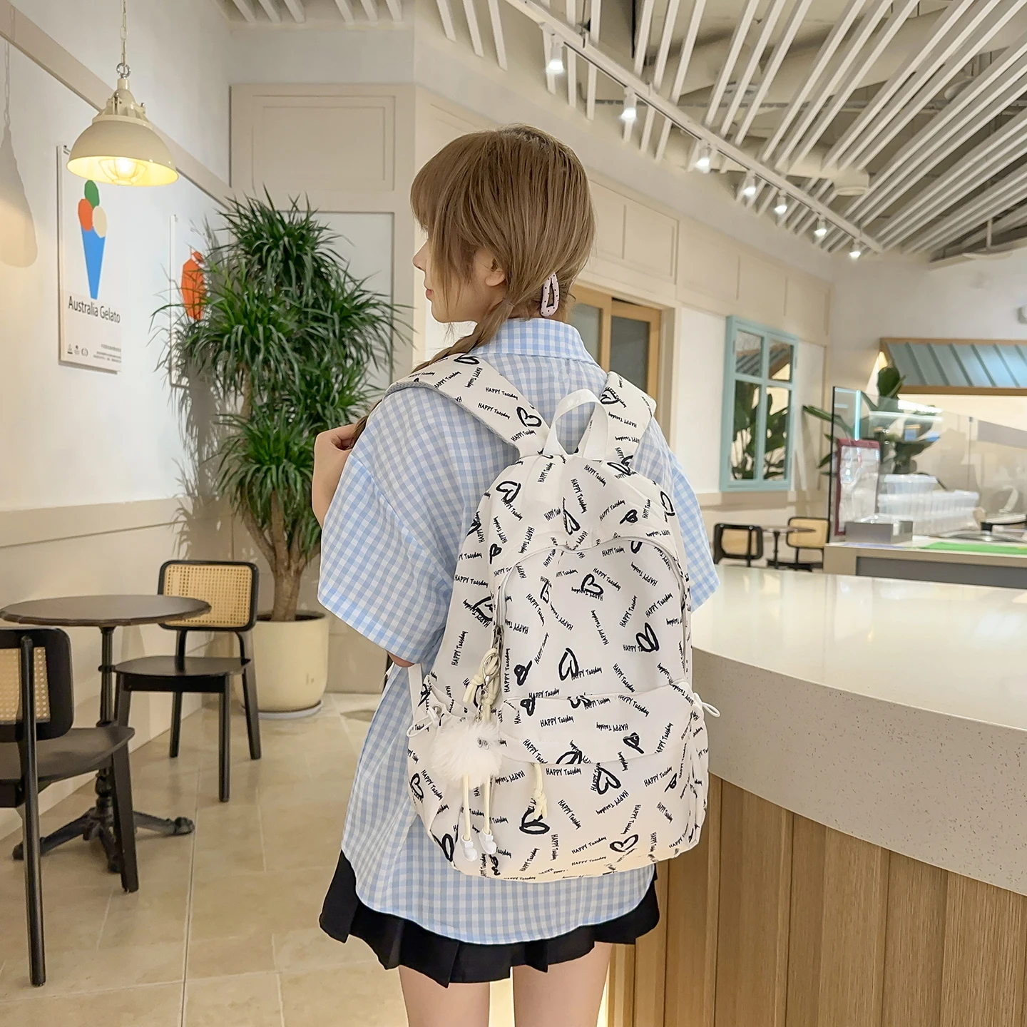 Lightweight Nylon Backpack with Heart Prints Leisurely Large Capacity Backpack Girls' School Backpack for Studying and Traveling