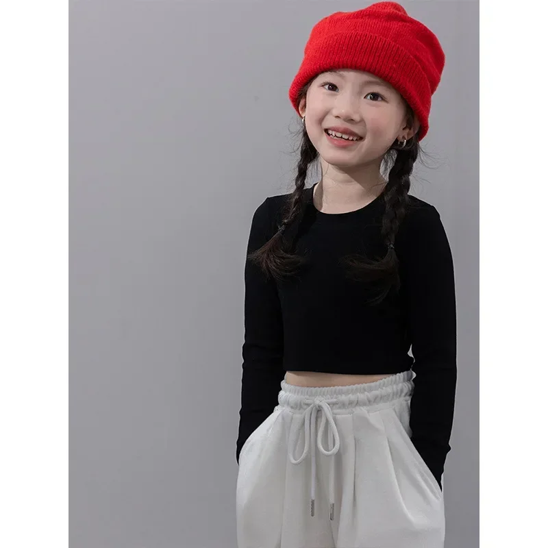 

Baby Girl Solid Long Sleeve Cropped Top Slim Fit Crew Neck Top Children Clothes Girl Top 2025 New Spring Knitted Bottoming Shirt