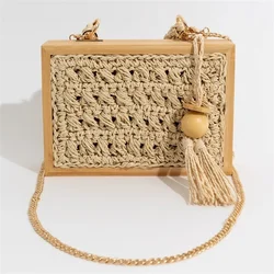 Wooden Box Straw Bag for Women Wicker Woven Handbags with Chains, Rattan Shoulder, Crossbody, Summer Beach Bag, Designer Fashion