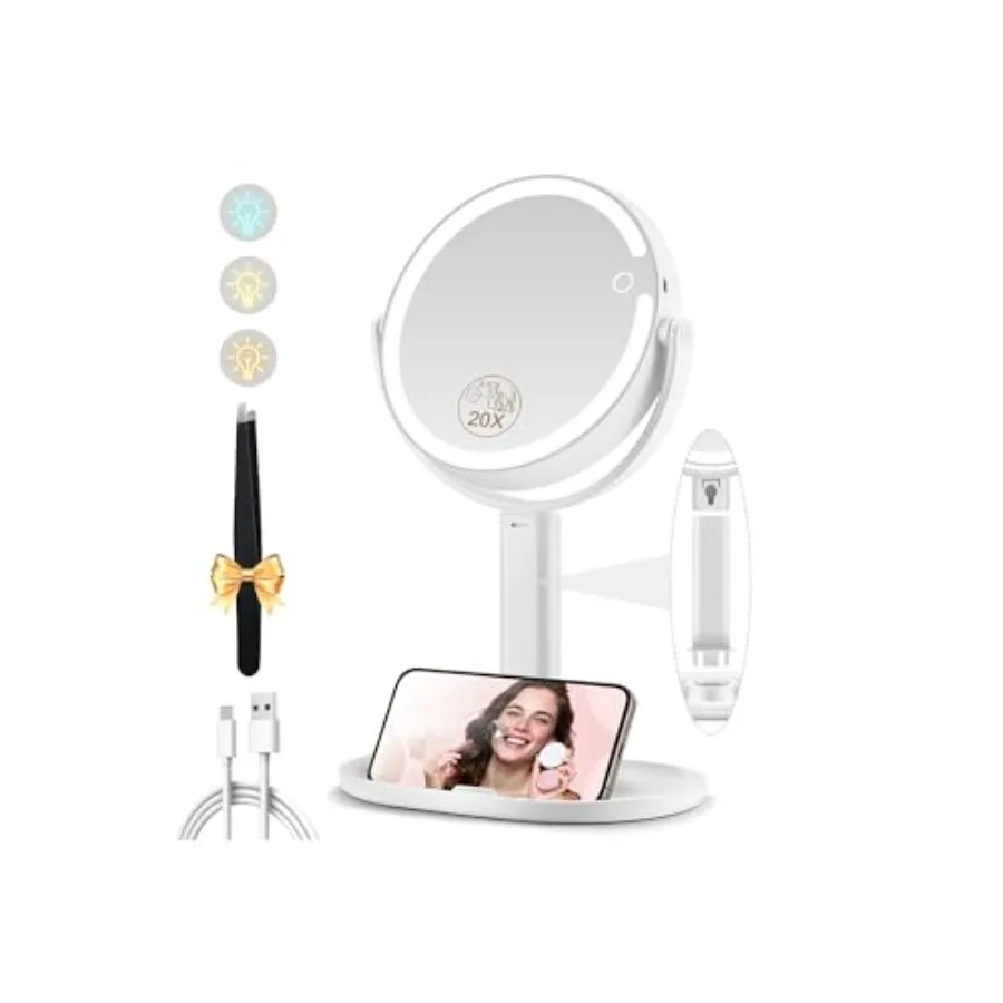 

Makeup Mirror with Lights, Double Sided 1x/20x Magnifying Mirror with Light, Rechargeable 3 Color Lights and Adjustable Brightn