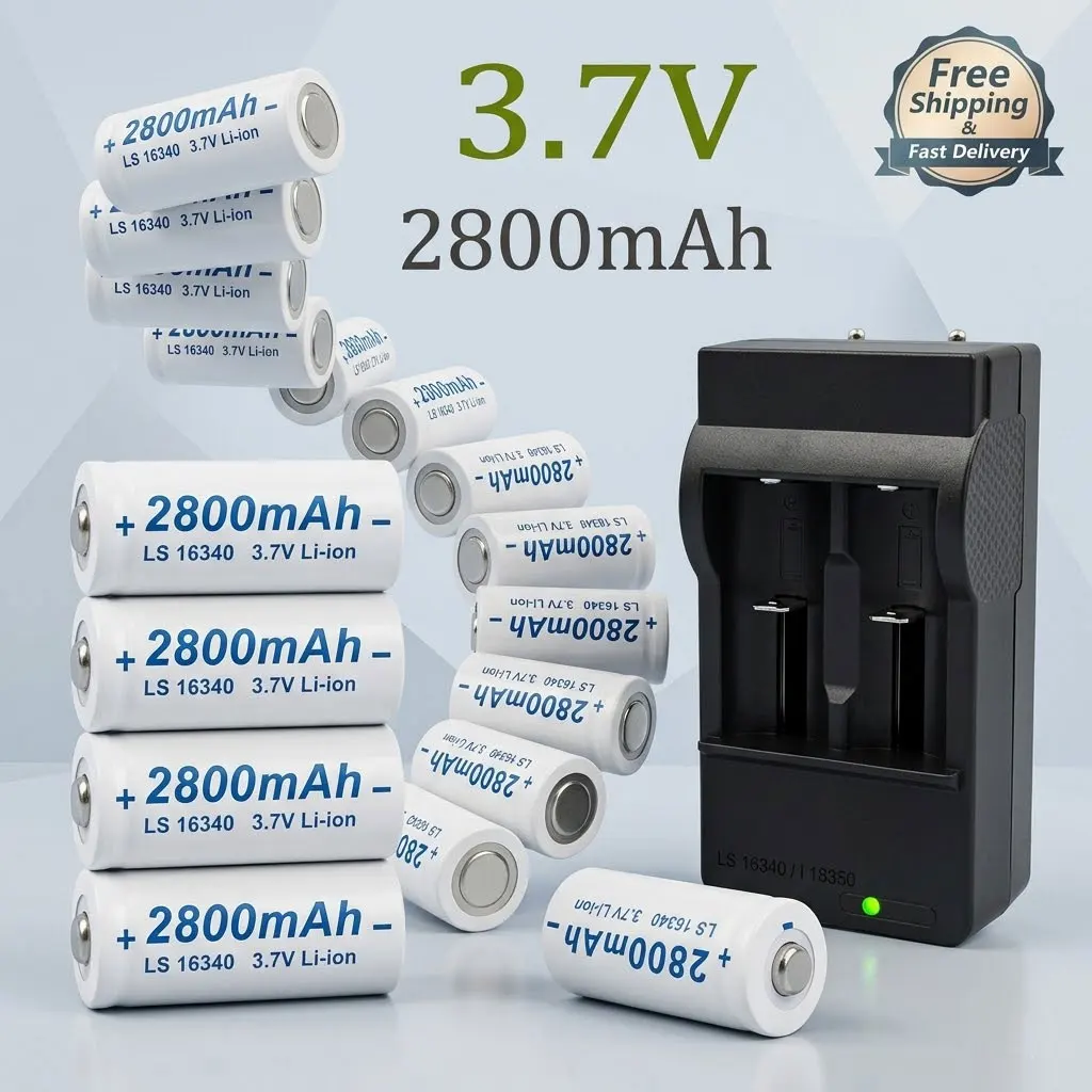 

3.7V CR123A RCR123 ICR16340 2800mAh Rechargeable Lithium Battery with L70 Plus Charger for Safety Camera