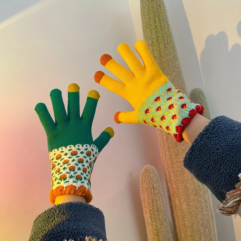 قفازات لطيفة منسوجة بنمط الأزهار للنساء ، إصبع مقسم مرن ، شاشة تعمل باللمس ، ملونة ، أنثى ، شتاء #2