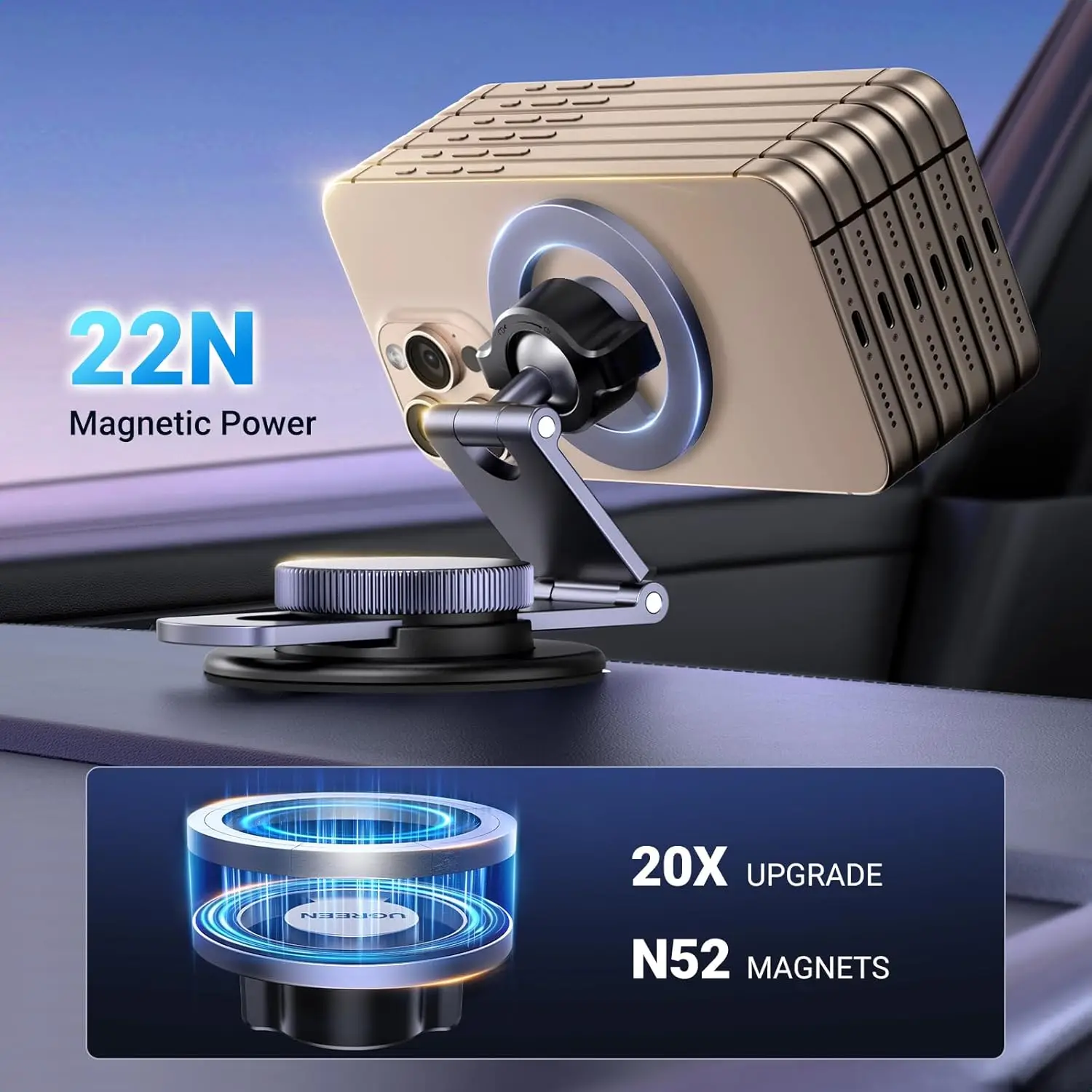 UGREEN 차량용 마운트 360 °   회전식 자석 휴대폰 거치대, 대시보드 차량용 핸드폰 홀더 (아이폰 호환)