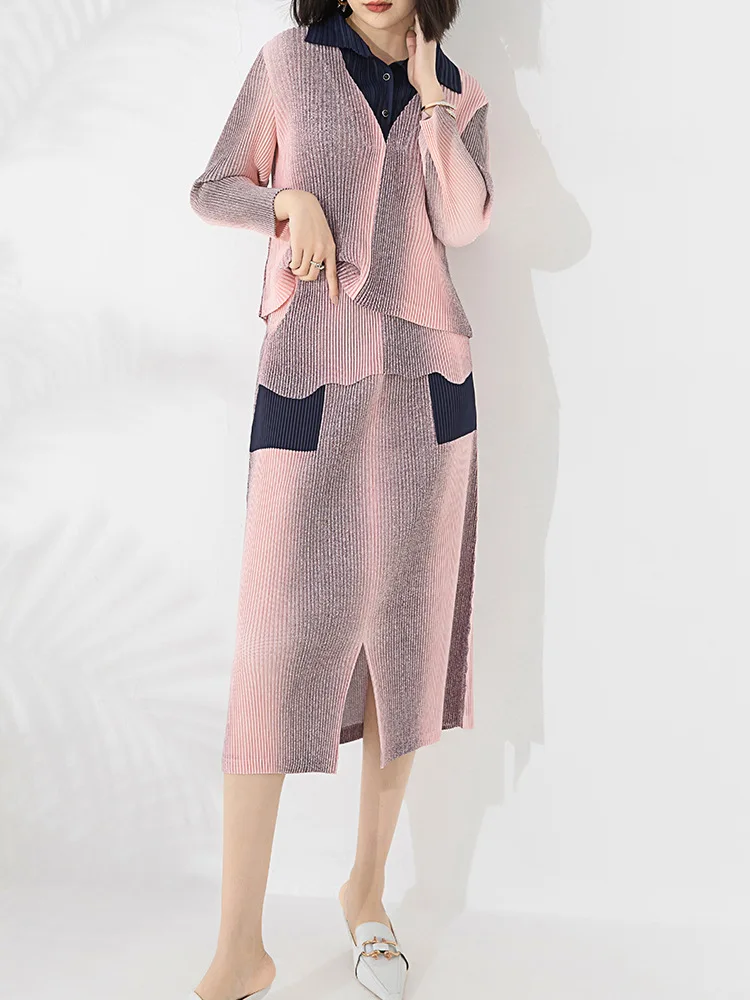 MIYAKE Nuevo diseño de primavera con cuello de camisa de color contrastante, top de manga larga, cintura alta y falda dividida caída [ 20240554 ]