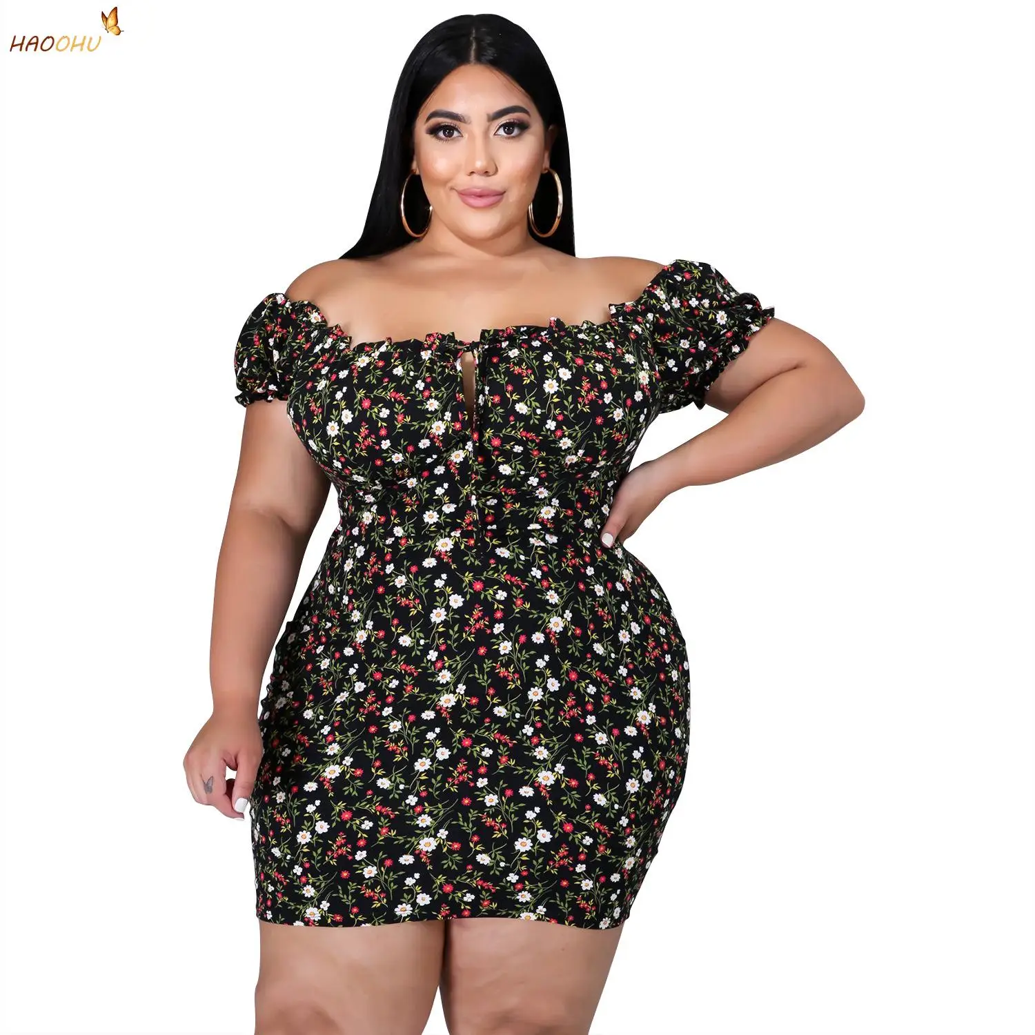 HAOOHU-vestidos de talla grande con hombros descubiertos para mujer, camiseta de fiesta, minivestido Sexy de manga corta con lentejuelas, urbano,