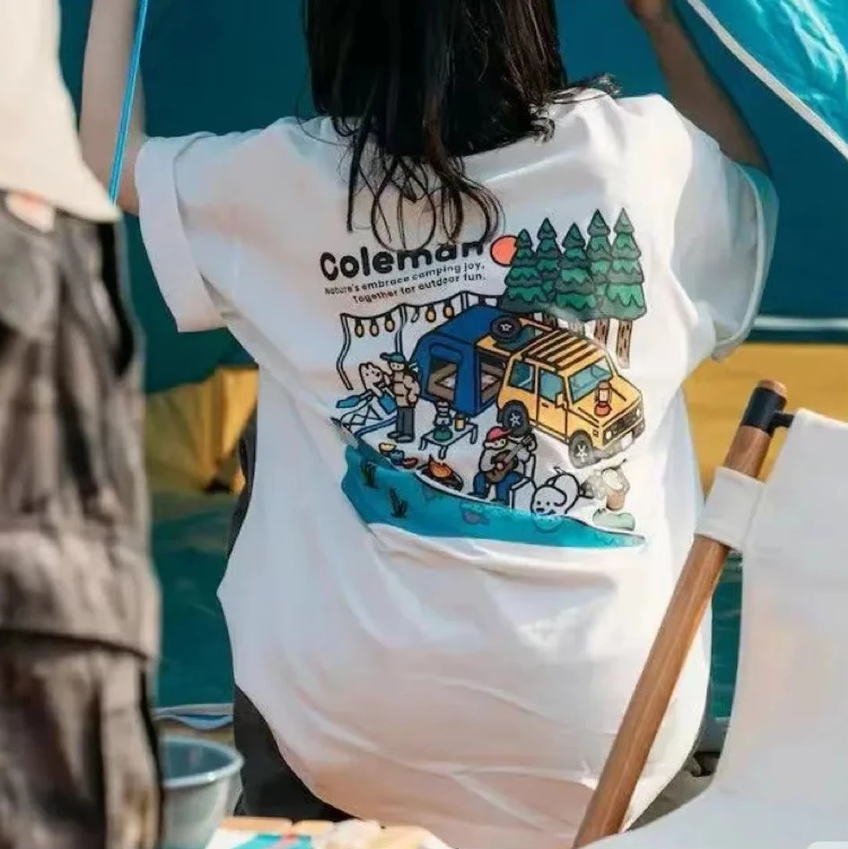 2026 Coleman Camping Front Back Print T Shirt Outdoor Camper Van Cartoon Graphic Adventure Unisex Casual Cotton Short Sleeve Tee