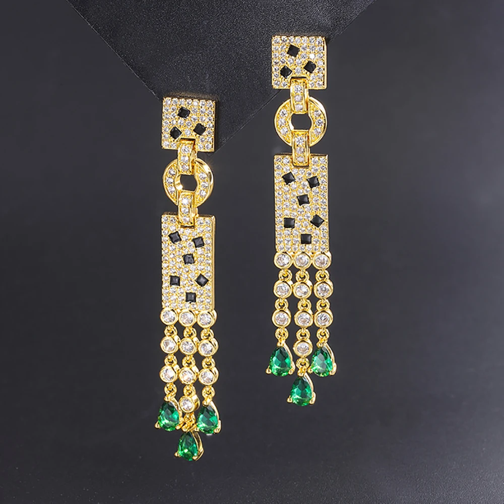 Retro 5*7mm Emerald Gold Silver Color Tassel Drop Earrings for Women Charms Lab Diamond 5A Zircon Cocktail Party Jewelry Gifts