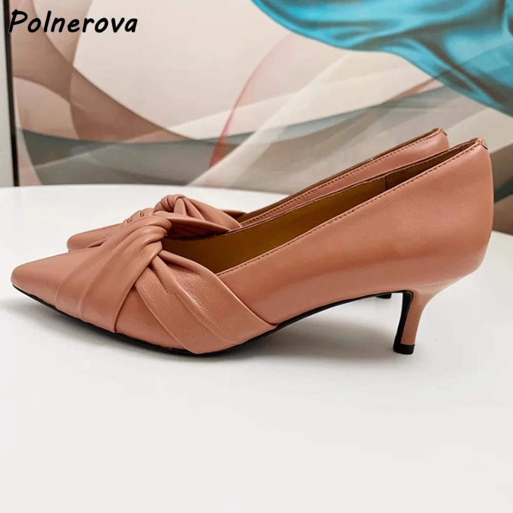 Twist Solid Leather Pumps Pointy Toe Kitten Heels Shallow Solid Pointy Toe Slip On Concise Shoes Women's Elegant Officials Shoes