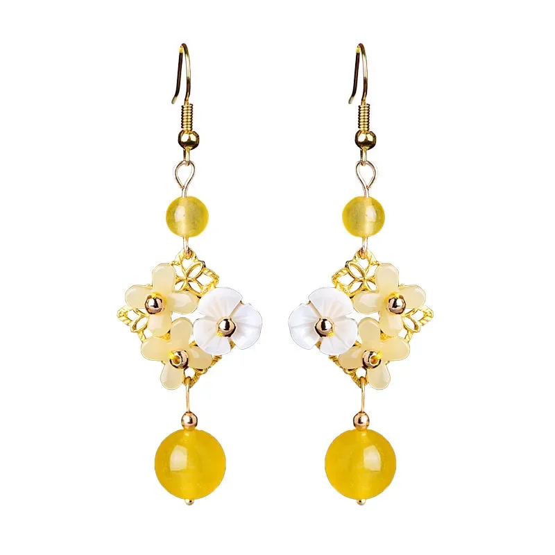 

Yellow Jade Flower Earrings Stone Designer Natural Fashion Women Real 925 Silver Charm Gifts Jewelry Chinese Amulet Gemstones