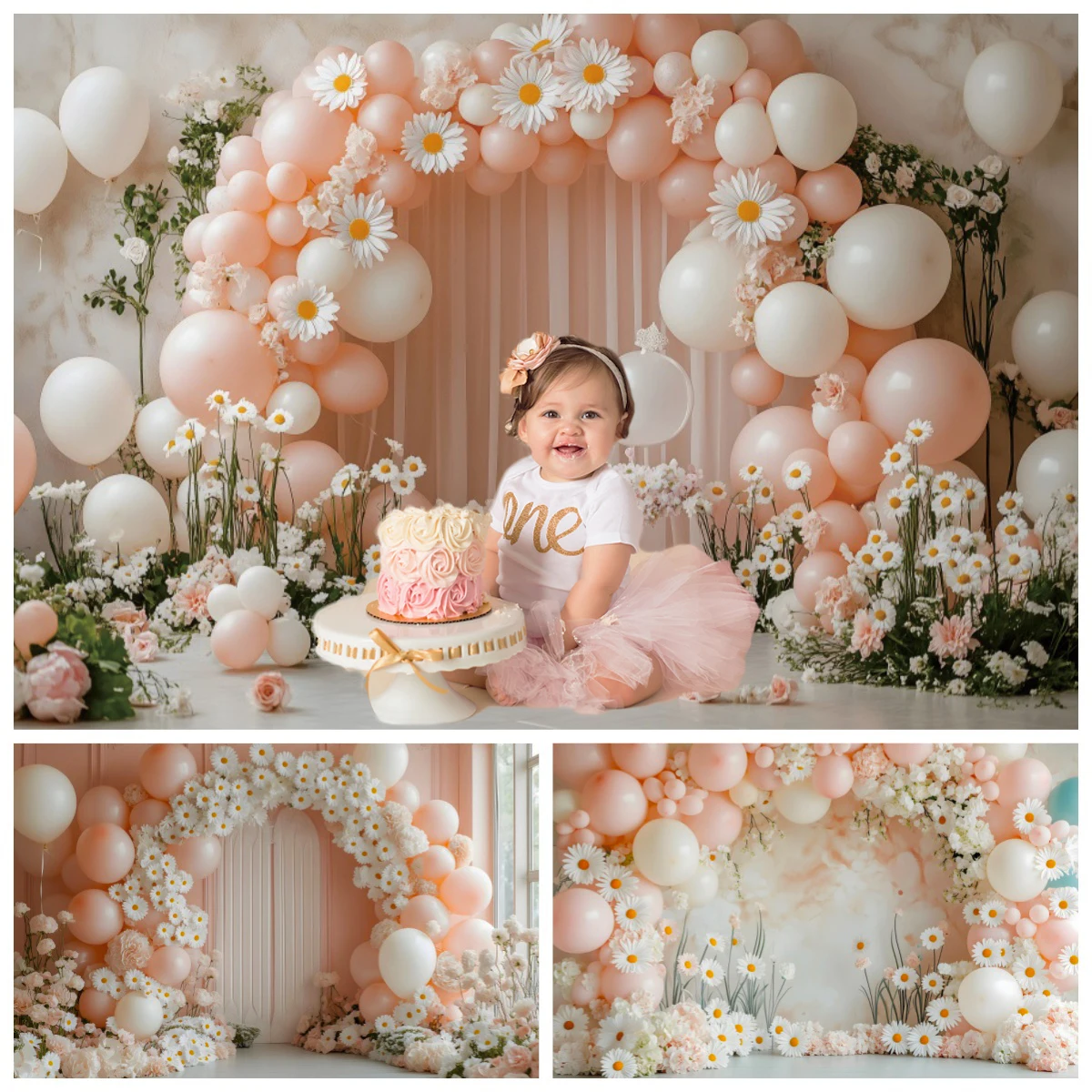 

Girls Birthday Party Decoration Photography Backdrop Colorful Balloon Flower Cake Smash Table Decor Baby Shower Photo Background