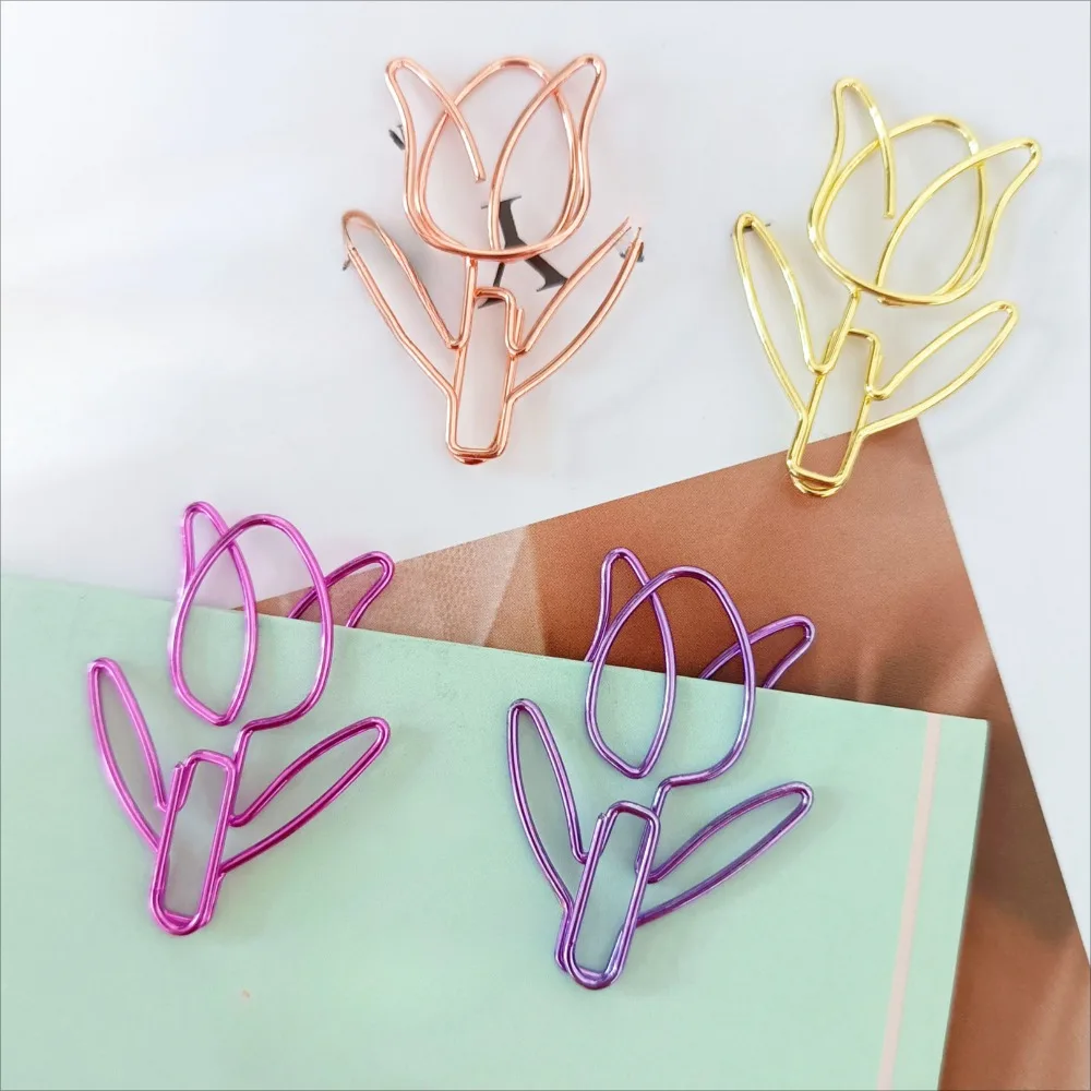 10PCS/SET Colored Tulip Shaped Paper Clip Colored Paper Clip Office Stationery Metal Bookmark Holder Stationery Paper Clips