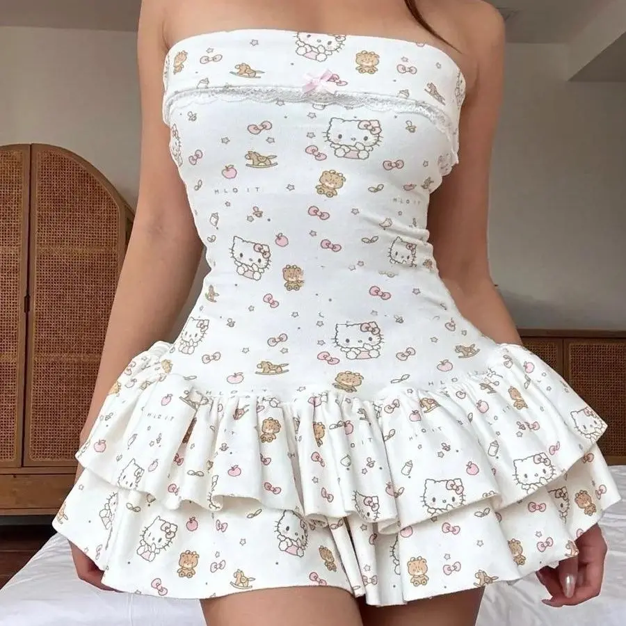 

Japanese Hello Kittys Skirt Kawaii Cartoon Kittys Print Dress Y2K Girls Slim-Fit Cake Skirt Women's Sexy Strapless Dresses Gift